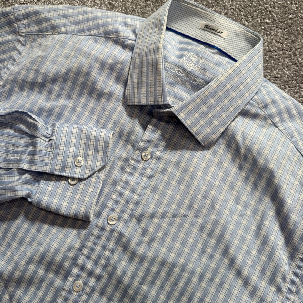 Bugatchi Uomo Shirt Mens Large Blue Plaid Cotton Shaped Fit Long Sleeve Designer